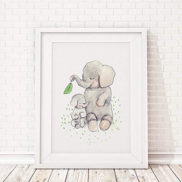 Baby elephant print, mother's day gift, motherhood art, mother and child art, elephant wall art, elephant nursery art, elephant painting