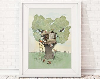 Treehouse nursery wall art boy, kids room decor, nursery boys wall decor, squirrel wall art, tree fort boys