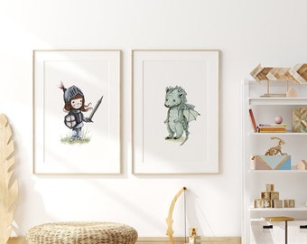 May include: Two framed illustrations, one of a girl in knight armor holding a sword and the other of a small green dragon. The illustrations are hanging on a white wall above a wooden shelf with toys and books.