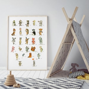Arte com estampa de animais ABC - Decoração de parede educacional para pré-escola