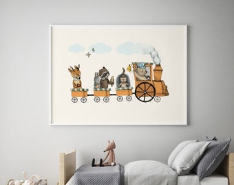 Woodland animals train, baby nursery wall decor, baby nursery prints, baby room wall art, nursery wall art animals