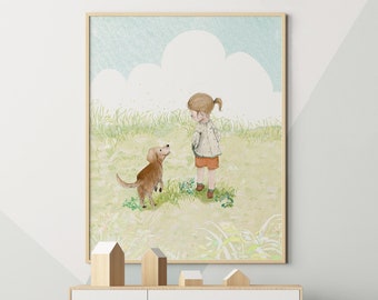 Girl and dog illustration, golden retriever art, girls room wall art, golden retriever gifts