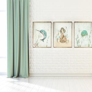 Mermaid wall art, under the sea wall art, ocean nursery decor, nautical nursery set, ocean wall art, ocean life prints, sea animal prints image 1