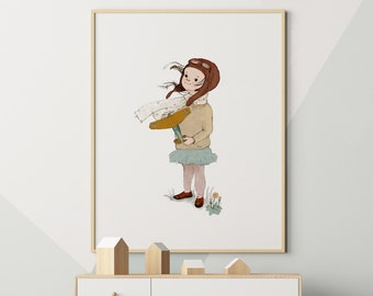 Aviator girl nursery wall art, girl pilot art, airplane poster