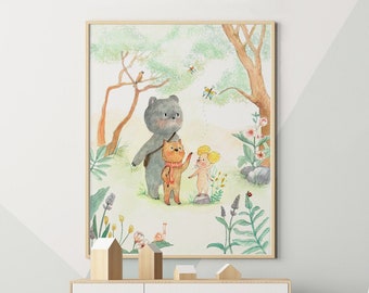 Woodland animals nursery wall art, forest nursery watercolor art, kids room poster