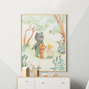 Woodland animals nursery wall art, forest nursery watercolor art, kids room poster