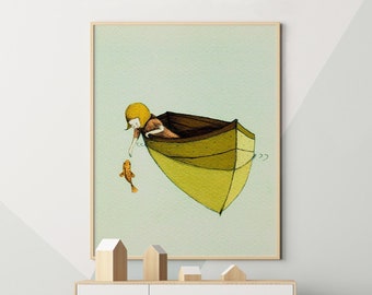 Girl in a boat, rowboat painting, girl boat adventure, fishing girl, nautical decor, rowboat painting, lake wall art