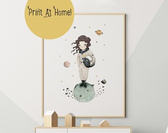 Girl astronaut poster, nursery wall art printable, space themed nursery, astronaut helmet, outer space nursery