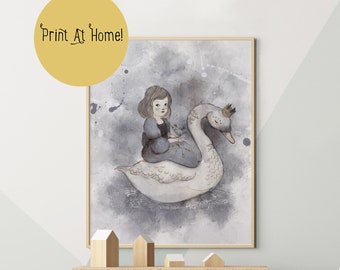 Swan and Girl, Swan decor, nursery wall art printable, Swan nursery, Swan princess, nursery swan, nursery wall art girl