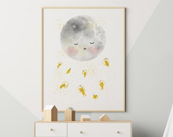 Mond Wandkunst, Raumdekor Kunst, Kinderzimmer Wandkunst, Weltraum Poster, Astronaut Druck, Weltraum Kinderzimmer