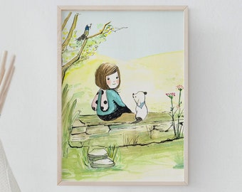 Original Illustration print, nursery wall art, girl with dog, nursery art, girls wall decor, wall art for girls, girl and dog wall art