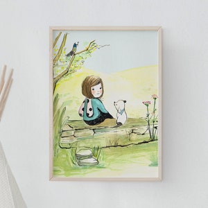 Little Girl and Dog illustration, cottagecore wall art, aesthetic art, original illustration. image 3