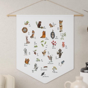 Decoração de parede do alfabeto da floresta com animais e nomes | Flâmula ABC com animais para tema central de casa de campo, ABC de fazendeiro, tema de floresta