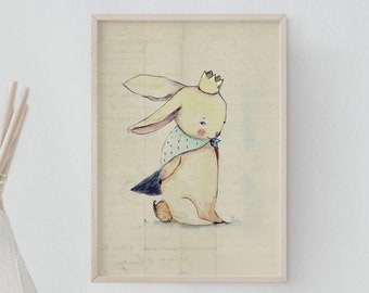 Bunny illustration, woodland animals nursery wall art, kids room decor