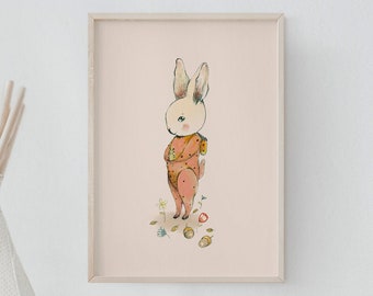 Woodland animals nursery wall art, rabbit illustration, girls room decor, nursery wall art girl