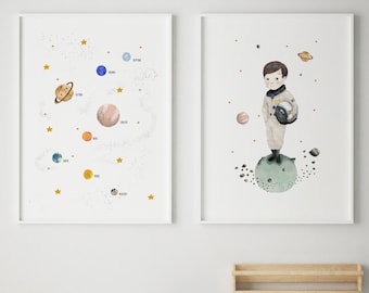 Solar system print, space nursery decor, nursery astronaut wall art, space themed nursery