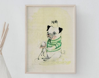 Pug artwork, nursery wall art boy, pug print, nursery decor boy, kids room decor, nursery wall decor, nursery wall art animals