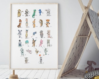 German alphabet, illustrated alphabet, educational wall art, language learning