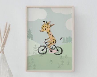 Giraffe nursery print, bicycle wall art, nursery animals art, nursery wall art boy, kids room decor