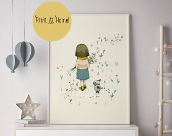 Girl and dog wall art, art for girls room, nursery wall art girl, girls wall decor, nursery wall art printable