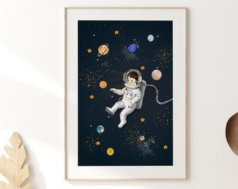 宇宙飛行士の男の子の保育園アート：宇宙の壁飾り