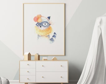 Raccoon nursery wall art, woodland animals watercolor illustration, girls room decor