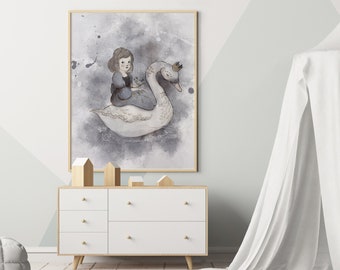 Nursery decor girl, Swan and Girl, Swan decor, Swan nursery, Swan princess, nursery swan, nursery girl wall art, portrait illustration