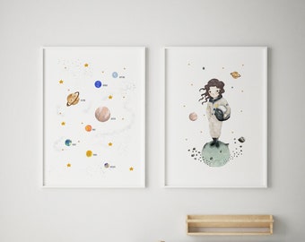 Astronaut girl space room wall art, solar system print, space themed nursery, space nursery print