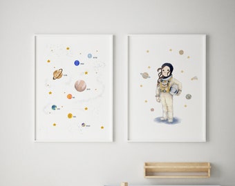 Astronaut girl wall art, nursery decor girl, outer space wall art, solar system poster, nursery girl wall art, astronaut decor