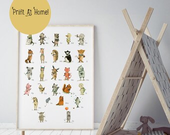 Alphabet animals, illustrated letters, educational wall art, woodland alphabet
