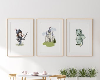May include: Three framed illustrations in a children's nursery. The illustrations are of a knight, a castle, and a dragon. The frames are light wood and the illustrations are in watercolor style.