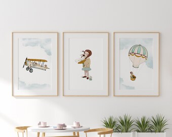 Art de l'aviation, fille de décor de pépinière, décor de pépinière d'aventure, pépinière d'avion, décor de mur de fille, fille d'art de mur de pépinière, décor d'avion de pépinière