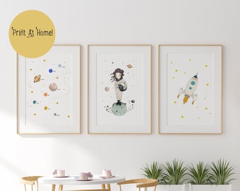 Girl astronaut prints set, nursery wall art printable, space themed nursery, solar system print, nursery decor girl