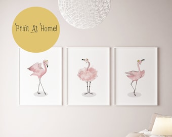 Flamingo nursery decor, flamingo ballerina, girls room decor, flamingo nursery wall art