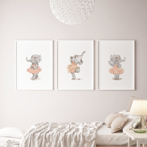 Elephant Ballerina Nursery Prints: Girl Room Decor, Set of 3