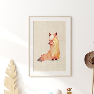 Baby fox watercolor illustration, woodland animals art, fox poster, nursery baby fox