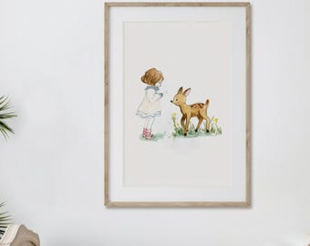 Woodland Nursery Wall Art – Girl  Deer Print,  Baby Room , Toddler Playroom Decor