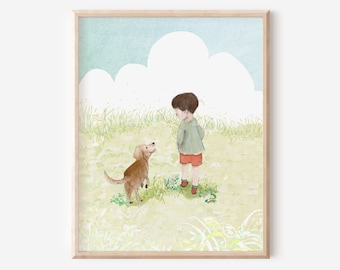 May include: A watercolor illustration of a boy in a green shirt and red shorts standing in a field of green grass with a brown dog looking up at him. The background is a blue sky with white clouds.
