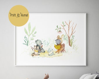 Woodland animals nursery wall art, books theme, classroom decor, baby room wall art, nursery wall art printable