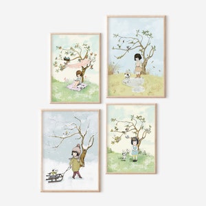 Four seasons tree, cottagecore nursery, Kids  decor, seasons set prints, Room wall art girl, kids art, cottagecore aesthetic prints, Vintage