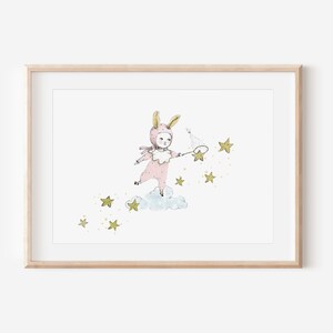 Catching stars, nursery wall art girl, pink girl wall decor, bunny girl nursery, girls room decor image 1