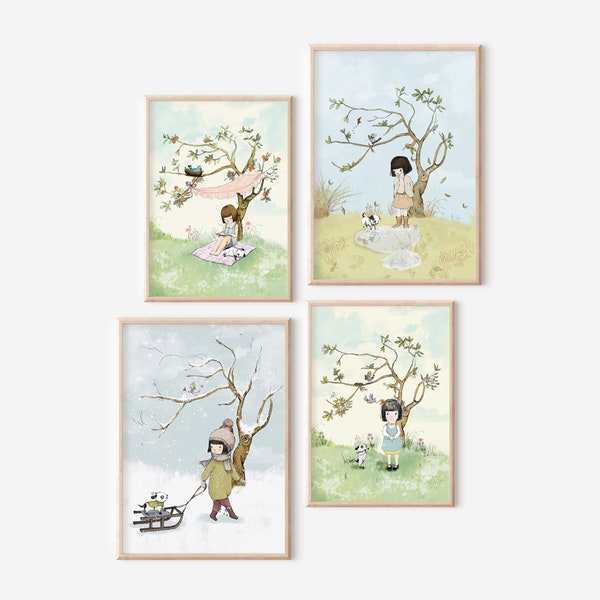 Art de mur de pépinière d'arbre de quatre saisons, impression éducative, décor d'école à la maison, téléchargement de saisons, fille d'art de mur de pépinière imprimable