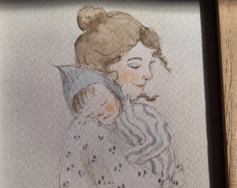 mother and child art, Original illustration, motherhood, cottagecore art, Mother art,  original art, framed art, wooden frame, framed, gift