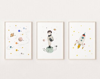 Solar system print, astronaut wall art, space themed nursery, kids room decor, nursery wall art boy, space wall decor, boy wall decor