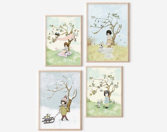 Four seasons tree, cottagecore nursery, Kids  decor, seasons set prints, Room wall art girl, kids art, cottagecore aesthetic prints, Vintage