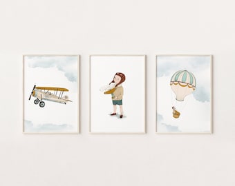 Decorazioni per la cameretta dei bambini a tema aviazione: stampe artistiche di aerei e piloti - Set di 3