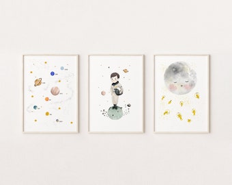 Explore the Universe Wall Art Set: Space Themed Prints for Kids Room, Astronaut Art, Solar System Poster, Moon Wall Decor