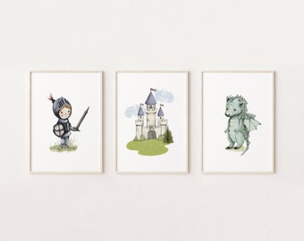 Ensemble de 3, impression de chevalier, impression de dragon, décor de chambre d'enfants, illustration de château, art de mur de chambre de garçons, affiche de dragon, art de mur médiéval