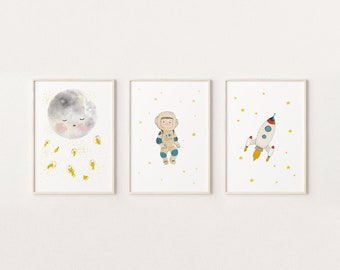 Astronaut art for boys, nursery wall art printable, space themed kids art, rocket ship, moon illustration