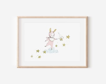 Catching stars, nursery wall art girl, pink girl wall decor, bunny girl nursery, girls room decor